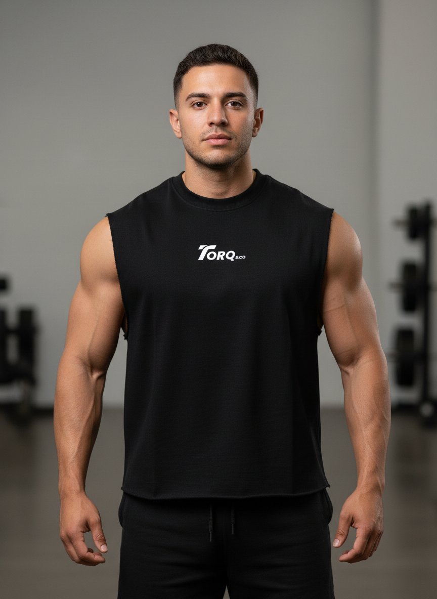 Man wearing a black sleeveless shirt with 'TORQ' logo in a gym setting